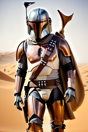 A scene from Star Wars:
A full body portrayal.

A Mandalorian warrior in gray armor with bronze markings in the desert of Tatooine.
He carries a jetpack on his back.