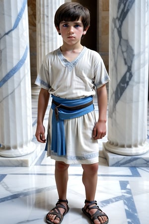 A scene from the Bronze Age A full-body depiction. A boy of primary school age (10 years) with dark, short hair and light-coloured skin.
He is wearing ancient Greek clothing in the form of a grey and white tunic with a blue sash around his waist and sandals.
A hall with white marble columns can be seen in the background.