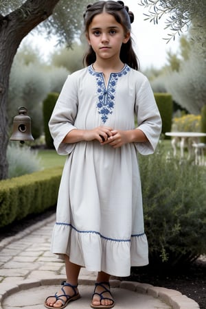 A scene from the Bronze Age.
A full-body representation.

A girl (aged seven) with olive-colored skin and a dark bun in an Arabian garden.
She is wearing a white tunic in the North African style with a bell neckline and sandals.
There is blue and gray embroidery on the collar.