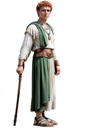 A scene from the Bronze Age A full-body depiction.
A man with light-coloured skin and short-cropped copper-coloured hair
He is wearing ancient Greek clothes consisting of a long grey and white robe with long sleeves and a green cloth belt.
He wears sandals.
He is holding a long staff in his hand.
A hall with white marble columns can be seen in the background.