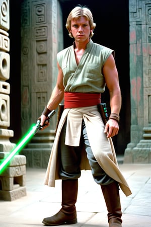 A scene from Star Wars.
A full body portrayal.

A man with short blond hair in a Mayan-style temple courtyard.
He is dressed in loose trousers, a sleeveless shirt and riding boots.
His clothing is in green and grey.
He wields a lightsaber with a red blade.
