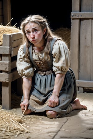 A full-body representation:
A scene from the Middle Ages.
A dwarf woman in a stable with straw on the floor.
She has light brown, unkempt hair and pointed ears.
She is dressed in the tattered remains of a dress.
She is barefoot.