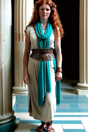 A scene from the Bronze Age: a full-body depiction:
A woman in her 40s with pale skin and long, frizzy copper-coloured hair on a in a columned hall in the style of ancient Greece.
She is dressed in ancient Greek clothing consisting of a grey-white chiton, a turquoise hip sash, a turquoise shoulder scarf and leather sandals.
In the background is a doorway with a pointed arch.