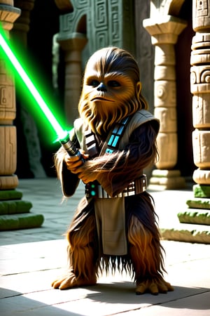 A scene from Star Wars.
A full body portrayal.

A 5 year old Wookiee in a temple courtyard in Mayan style.
He wields a lightsaber with a green blade. 