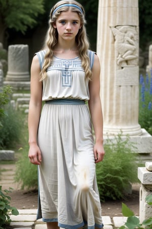 A scene from the Bronze Age:
A full-body representation:

A young woman (aged 17) with long, dark blonde hair stands in a temple garden in the style of ancient Greece.
She is wearing ancient Greek clothing, consisting of a grey-white tunic without sleeves with a blue hip sash and leather sandals.
She is wearing a blue hairband.