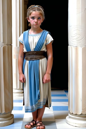 A scene from the Bronze Age:
A full-body representation:

A girl (aged 12) with a light brown bun in a columned hall in the style of ancient Greece.
She is wearing ancient Greek clothing, consisting of a grey and white chiton, a blue hip sash and leather sandals.
A gate with a pointed arch can be seen in the background.