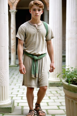 A scene from the Bronze Age:
A full-body depiction.

A young man (aged 17) with copper-coloured, short hair and light skin colour.
He is wearing ancient Greek clothing in the form of a grey and white tunic with a green sash around his waist and sandals.
In the background is a courtyard with an arcade of columns.