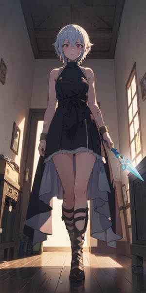 art by Mschiffer merged with Makoto Shinkai,Ultra detailed illustration of 
A female Halfling thief creeping through a dungeon.with a bedroll and a small dagger. Her attire is minimal, accentuating the curves of her body and the dramatic shadows cast by the lighting. The background is stark, with sharp contrasts highlighting the contours of her form. Subtle film grain and meticulous shading add depth and texture, The lighting creates a chiaroscuro effect, accentuating her expressive pose and the intense atmosphere.