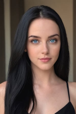 Full realistic photo from far of a stylish young woman with large, captivating blue eyes, natural complexion, long straight black hair, slim boned, long limbed, lithe and with very little body fat and little muscle .Highlighting her as a modern, approachable virtual influencer. semi formal style
