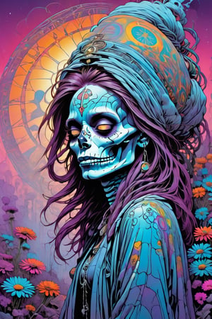 The Old Soul: “A beautiful free-spirited female skeleton with long, flowing hair decorated with daisies and peace signs, thumbing a ride on a desert highway. The backdrop is a psychedelic sunset, with a vintage van and a trail of colorful music notes, UFOs above, anime, cartoon, magical, tarot card, shadowy caravan Modern art style on the theme of paradise in style of Stefan Gesell, golden ratio. bioluminescent chiaroscuro transparency,  chakra,  with aura glow delicate  glacial chakracatcher that is a portal.,T-shirt design