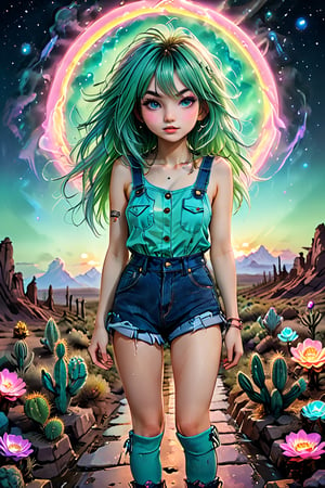'The Old Soul' Tarot Card -- a tarot card # tarotcard 
Masterpiece from head to toes, 8K, ultra detailed, anime style, ((solo)), wavy rainbow pastel hair sexy #hippiewoman wearing overalls shorts, cowboy boots, beautiful green color eyes, #hitchhiking on a rocky #desertroad cactus, epic #synthwave #sunset style,  bold bright #neon colors #dreamscape, pastel punk, #trippy poster, tarot card, more detail XL, (ukiyoe art style)