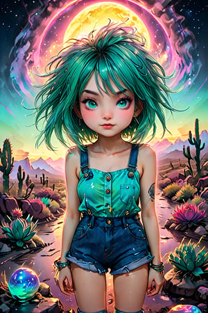 'The Old Soul' Tarot Card -- a tarot card # tarotcard 
Masterpiece from head to toes, 8K, ultra detailed, anime style, ((solo)), wavy rainbow pastel hair sexy #hippiewoman wearing overalls shorts, cowboy boots, beautiful green color eyes, #hitchhiking on a rocky #desertroad cactus, epic #synthwave #sunset style,  bold bright #neon colors #dreamscape, pastel punk, #trippy poster, tarot card, more detail XL, (ukiyoe art style)