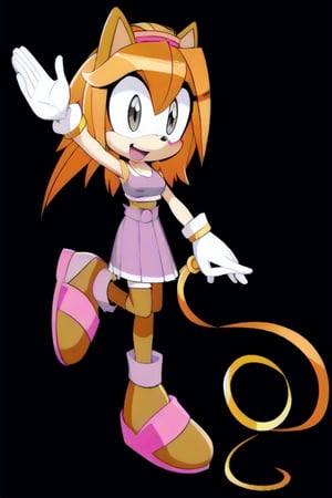 ((1girl)), ((solo)), female, mobian, Hedgehog, brownish orange fur, furry, standing with one sretched les, one hand holding a ribbon staff, purple skirt, thighhighs,crop top with boob window,perfect female shape,white gloves with golden rings, red, dark purple thighhighs, white gloves, pink skirt, ((long brownish orange hair)), ((long hair)), hair bangs,grey eyes, happy expression, looking at viewer, (background: theater podium), (best quality)