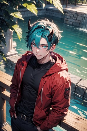 (masterpiece, best quality:1.0), ultra high res,4K,ultra-detailed, perfect lighting,Colorful,

(1boy, manly, mature male1:2), very tall, short hair, (cyan hair: 1.1), detailed eyes, (emerald green eyes), black horns

fit, calm smile, calm face, black hoodie, red pants, standing, arms crossed, outdoors, fair, warm colors, (upper body), (from above)