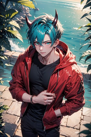 (masterpiece, best quality:1.0), ultra high res,4K,ultra-detailed, perfect lighting,Colorful,

(1boy, manly, mature male1:2), very tall, short hair, (cyan hair: 1.1), detailed eyes, (emerald green eyes), large black horns

fit, calm smile, calm face, black hoodie, red pants, standing, arms crossed, outdoors, fair, warm colors, (upper body), (from above)