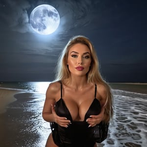 hyperrealistic photo of woman, with her long blonde hairs, on a deserted beach under the full moon, sexy pose. She is wearing a long, flowing sexy black dress, with her hair down, and her eyes shine brightly under the silvery moonlight. The moonlight reflects on the sea, creating a magical and hypnotic effect. The main focus is on the beauty of woman, illuminated by the moonlight, and the romantic and mystical atmosphere of the beach. moonlit beach, moonlight reflecting on water, cinematic lighting, high-resolution photorealistic.,position,woman,pushup