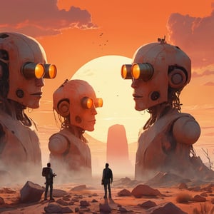 A postapocalyptic landscape, the sky is red, the orange sun is low on horizon, Gigantic rock statues showing heads holding binoculars, in the foreground a human-like robot with a briefcase, it no longer has a head, smoke is coming out of its torso.