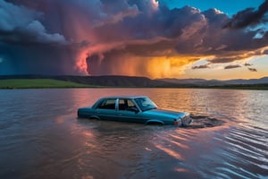 A flooded landscape with a lone car standing half-submerged in water, seen from behind with its taillights still glowing. A range of hills in the distance. The sky above features spectacular, colorful clouds.
