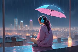 A serene scene of a woman sitting on a rooftop, listening to music through her headphones. It's raining gently, and she's protected by a small umbrella. In the distance, the skyline of a modern city is visible, with its lights creating a beautiful backdrop. The scene is depicted in a LOFI aesthetic with pink and blue as the dominant colors. The rain adds a calming effect, and the overall mood is tranquil and reflective. The woman's clothes are casual and modern, blending perfectly with the urban atmosphere. The city lights are slightly blurred, adding to the dreamy effect. Make sure her hands are naturally positioned and realistic.
