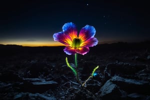 A colorful bioluminescent flower in the midst of a dark, desolate, and destroyed landscape at the end of time. The flower's light shines with a radiant glow, bringing a touch of hope to the lost world. Its beams of light slightly illuminate the hopeless darkness around it, creating a contrast between the vibrant flower and the bleak surroundings.
