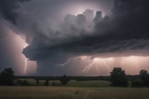 A massive thunderstorm with towering thunderheads and multiple tornadoes sweeping across the landscape, dark ominous clouds churning in the sky, flashes of lightning illuminating the storm, torrential rain pouring down, fields and trees bending in the fierce wind, the horizon barely visible through the dense rain and cloud cover, a sense of raw power and impending doom
