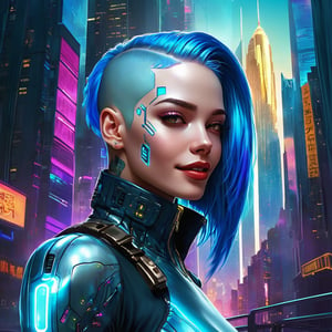 A stunning digital painting featuring a cyberpunk-inspired beauty, with a hint of a smile on her lips, her mouth is closed, with flawless features and striking blue hair. Behind her, towering futuristic city skyscrapers loom, casting a reflection on the glistening streets. The screen emits a vibrant glow, perfectly complementing her intricate cybernetic enhancements. The overall ambiance is a mesmerizing blend of beauty, innovation, and urban grit. The main colors in the background should be purple and blue.