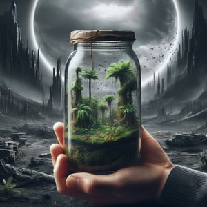 A photorealistic image of a beautiful rainforest, inside a jam jar, in the middle of a destroyed dark apocalyptic world. The inside of the jam jar is flooded with golden light from an unknown source, while outside it looks darkly sad and creepy. Cinematic, photorealistic, high quality, 16K, hyper resoluton,