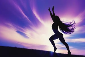 An athletic woman in silhouette seen from behind, her long hair blowing in the wind, she stretches her arms up to the sky, her palms facing inwards, as if she wants to touch it, the vast sky with its clouds glows in purple and blue, every single one of her fingers is depicted in detail and naturally, the elbow bones are not visible, she weras tight jenas, the scenery conveys a mood of light-heartedness and freedom