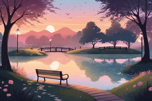 A tranquil park at sunset, depicted in a LOFI aesthetic with soft pastel colors and simplified shapes. The park features a serene pond in the center with a small wooden bridge crossing over it. Around the pond, there are lush trees with softly glowing fairy lights hanging from their branches. The sky is a gradient from pink to orange, reflecting beautifully on the calm water. In the background, there are silhouettes of distant hills and a few park benches scattered along a winding path. The overall mood is peaceful and nostalgic, capturing the essence of a quiet evening in nature.
