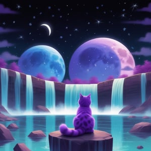 A puple cat watching a waterfall, above a starry nightsky with two stribed moons.