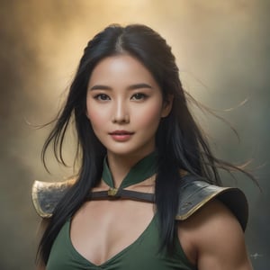Portrait, close up, (35 years old Asian warrior woman:1.5), with (strong but natural-looking muscles:1.3), (black long floating hair:1.2) with a few strands falling across her face, wears (dark green slatex top:1.1), looks self confident with a (slight closed-mouth smile:1.3), (soft light from the side:1.2), (yellow smoke in the background:1.1). Her musculature is naturally and realistically depicted, without overemphasis on any particular features. Detailed facial features with (soft light enhancing her expression:1.3).
