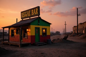 In the midst of a desolate, post-apocalyptic wasteland, a lone wooden house stands defiant, its colorful exterior a sharp contrast to the bleak surroundings. Painted in vibrant green, yellow, and red stripes from top to bottom, the building is a Reggae bar, the Letters "REGGAE BAR" painted on the upper part of the wooden house, its lively appearance clashing with the ruin around it. The evening sky is painted in warm hues of orange and pink, casting a soft glow over the shattered world. Crumbling buildings and scorched earth stretch out into the distance, but the warm tones of the dusk soften the harshness, making the bar a small beacon of hope. Faint music drifts from within, and the flickering light from old lanterns gives the place a welcoming, almost nostalgic feel, as if it still holds the spirit of better times despite the destruction all around,dystopian