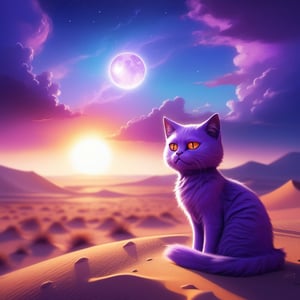 A sad purple cat in a vast desert, main colors purple and blue, lofi style, the orange sun is low on the horizon.