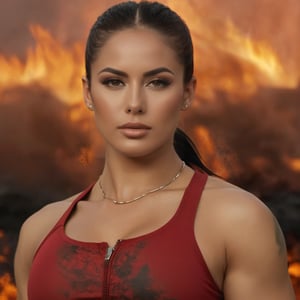 Portrait, close up, Latina warrior woman, (35 years old: 1.2), long black hair in a bun, (muscular: 1.4), (wears a sleveless red skin-tight combat top that is zipped up to the neck: 1.4), her mouth is closed, but a subtle smile plays around her lipsry,  fiery determination in her eyes, burning apocalyptic landscape background, fire and embers in the air, detailed skin texture, subtle wrinkles, natural pores, realistic skin tones, (minimal collarbone definition: 1.5), natural collarbones, symetric collarbones
