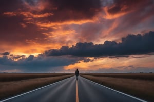 A cinematic scene of a 4-lane empty road that leads into the horizon until sunset, a spectacular play of colors in the sky above, beautiful clouds create a great evening atmosphere, a lonely pedestrian, his silhouette can be seen in the distance, walks into the sunset.