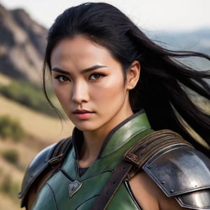 A highly detailed and realistic portrait of Susi, a fierce Korean warrior with a fuller, rounder face and high cheekbones. She has smooth olive skin and striking dark brown almond-shaped eyes that convey intensity. Her thick, naturally arched eyebrows and straight, delicate nose complement her full, well-defined lips, which carry a confident smirk. Her strong yet feminine jawline frames her face perfectly, and a few small scars on her cheek hint at past battles. Susi’s long, raven black hair flows down her back, contrasting with her powerful presence. She wears a sleek green combat outfit that highlights her athletic build, set against a dramatic backdrop of a dystopian landscape.
