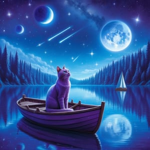 Purpel cat in a liitle boat on a blue lake, starry nightsky above, with planets and falling stars, reflected in the water, a calming, melacholic scene.