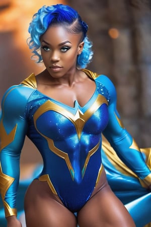 An african superheroine, full body, (muscular: 1.2), with floating blue hair, sparkeling blue eyes, wears a tight leotard in superhero style, which emphasizes her her gaze is focussed directly on the observer, her strong but naturally depicted muscles, with only softly emphasised tendons, her bones, especially the collarbone, are also only softly depicted, her skin is smooth, no veins and skin folds visible,her face, which radiates self-confidence and strength, should be in focus and depicted ultra-sharp and rich in detail. In the background is a lost world.