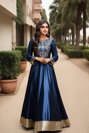 beautiful cute young attractive pakistan teenage girl, village girl, 18 years old, cute,  Instagram model.Confident Smile.Navy Blue Faux Georgette Gown With Metallic Foil And Embroidery. Color_hair, colorful Hollywood waves, dacing, in walk at  my shopping, pakistan