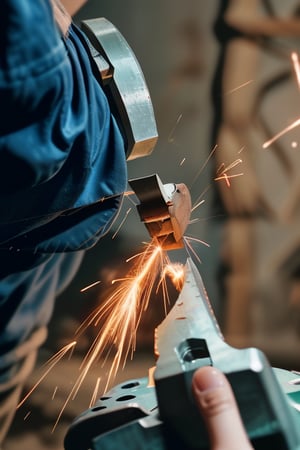 UpHD, 4K, realistic photo of a person hand grinding grinding iron with a lowlight model photo, lots of sparks from the iron. wear work clothes with the words (QUARTO) on them, Light master,Detailedface,lightshapes