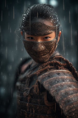 an ultra realistic ultra detailed photograph of masked Japanese samurai girl, posture, beautiful face, oiled white gold skin tone, wet in the rain, ready to fight with katana, full body, scary background and darktone, beautiful detailed face, apocalyptic environment, exquisite detail, 30 megapixels, 4k, Canon EOS 5D Mark IV DSLR, 85mm lens, sharp focus,  intricately detailed, long exposure time, f/8, ISO 100, shutter speed