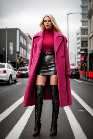 A striking image: A statuesque blonde Icelandic woman stands at the intersection of Reykjavík's bustling streets, donning a breathtaking pink haute couture ensemble. Her towering red thigh-high boots add a touch of edginess to her sophisticated look. The cloudy day casts a moody glow, with the city's vibrant energy reflected in the crosswalks' bold stripes and traffic lights' pulsing rhythm. Framed at 2:3, the composition showcases the model's statuesque figure against the urban backdrop, as if she's about to step off the sidewalk and into the surreal world of high fashion.