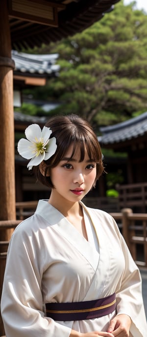 1girl, solo, looking at viewer, short hair, bangs, brown hair, hair ornament, brown eyes, upper body, flower, outdoors, parted lips, japanese clothes, hair flower, kimono, lips, sash, watermark, white flower, nose