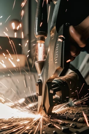 UpHD, 4K, realistic photo of a person grinding iron with a lowlight model photo, lots of sparks from the iron. wear work clothes with the words (QUARTO) on them