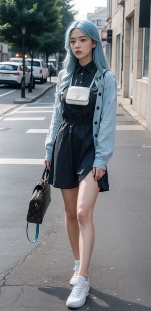 1girl, solo, long hair, ((Blue hairs)) hair, dress, standing, full body, shoes, bag,louis vuitton bag, white footwear, sneakers, photo background,Perfect lips