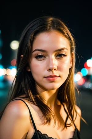 instagram photo, closeup face photo of 18 y.o swedish woman in dress, beautiful face, makeup, night city street, bokeh, motion blur
