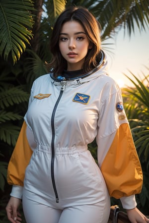 An astronaut in an orange astronaut outfit, standing against a sunset background. The astronaut is positioned front facing and is shown from the waist up. The sunset provides a warm and vibrant color palette. The scene is surrounded by lush plants, adding a touch of nature to the composition. The image quality is top-notch and high-resolution, with ultra-detailed features. The style of the artwork is realistic, with vivid colors and professional craftsmanship. The lighting accentuates the astronaut's figure, creating a captivating atmosphere,   , 