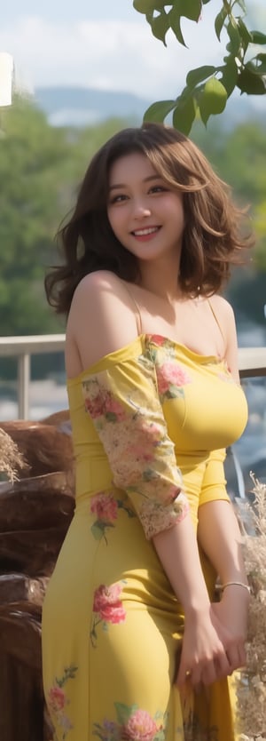 a beauty girl with short_curly 
year <20 years old>
brown_hair
curly_hair
small_body
smiling to viewer
dressed in a yellow dress with flower print,Pixel art
brown_eyes
scenary