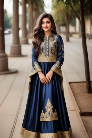 beautiful cute young attractive pakistan teenage girl, village girl, 18 years old, cute,  Instagram model.Confident Smile.Navy Blue Faux Georgette Gown With Metallic Foil And Embroidery. Color_hair, colorful Hollywood waves, dacing, in walk at  my shopping, pakistan