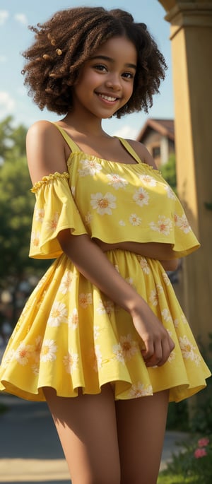 a beauty girl with short_curly 
year <20 years old>
brown_hair
curly_hair
small_body
smiling to viewer
dressed in a yellow dress with flower print,Pixel art
brown_eyes
scenary